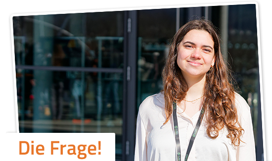 Portraitbild einer Studentin im Grafikrahmen von "Die Frage"