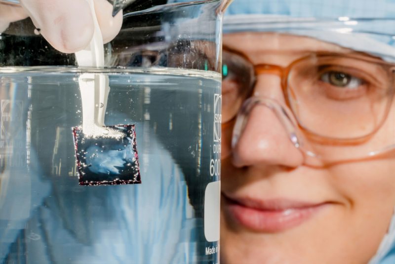 Nahaufnahme: Dr. Paszuk taucht photoelektrochemische Zellen in Flüssigkeit