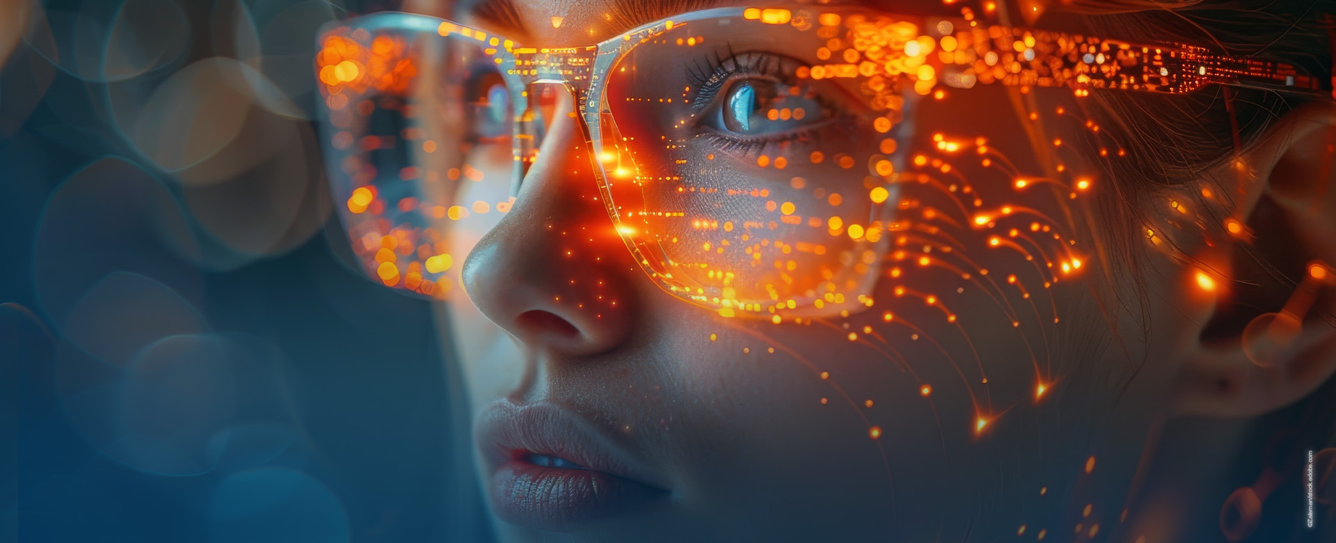 Mädchen mit Brille, die von orangenen Funken umgeben ist