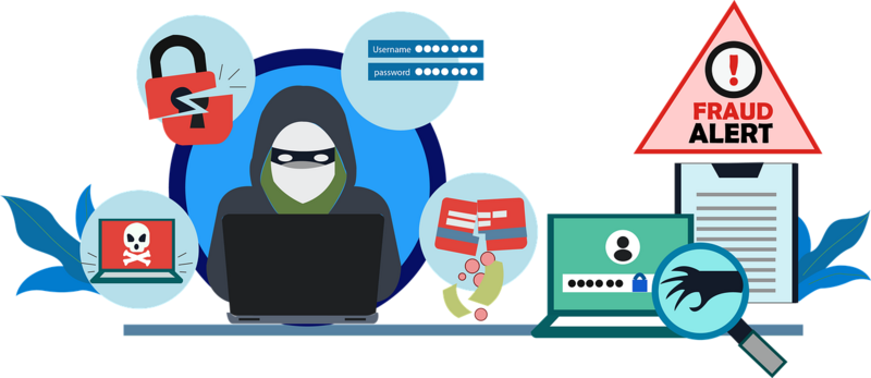 A hacker next to whom various messages appear as he attempts to steal data.